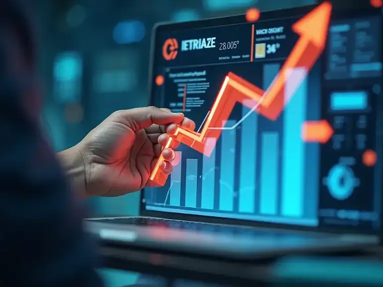 Person analyzing SEO data with a laptop. The laptop displays a graph illustrating SEO growth, with a hand pointing upwards. Shows a rising graph and marketing dashboard reflecting SEO strategy benefits.